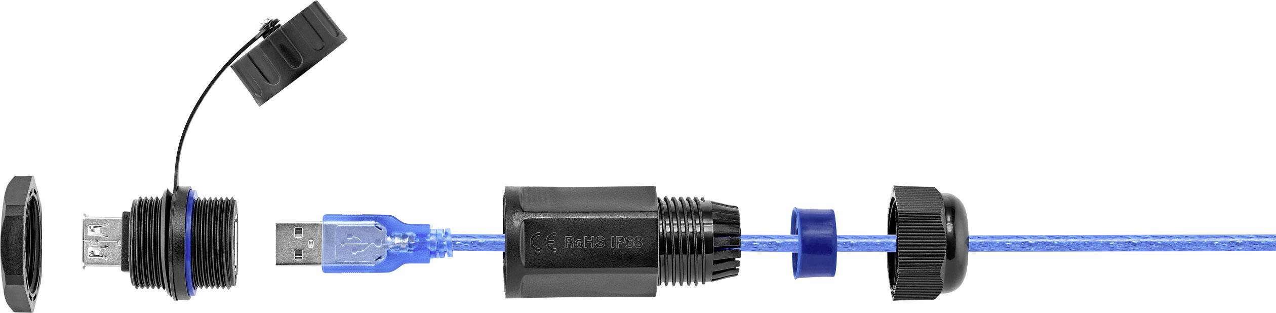 Výkres rozloženého vodotěsného USB kabelu: komponenty zahrnují kryt, USB konektor, závit a těsnění.