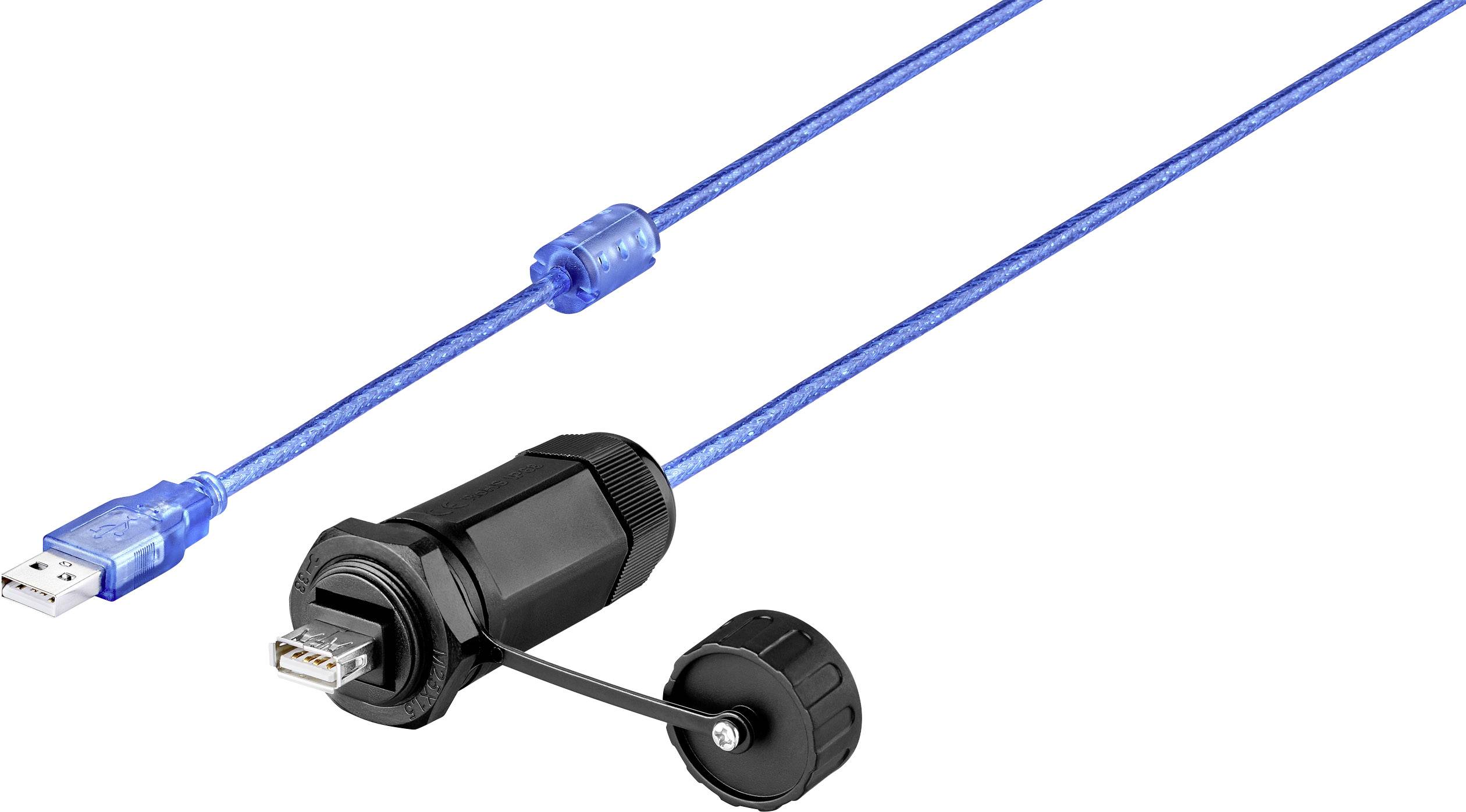 Modré USB kabely s ochranným krytem a černým koncovým zakončením. Vhodné pro náročné aplikace, odolné vůči povětrnostním vlivům a s dlouhou životností.
