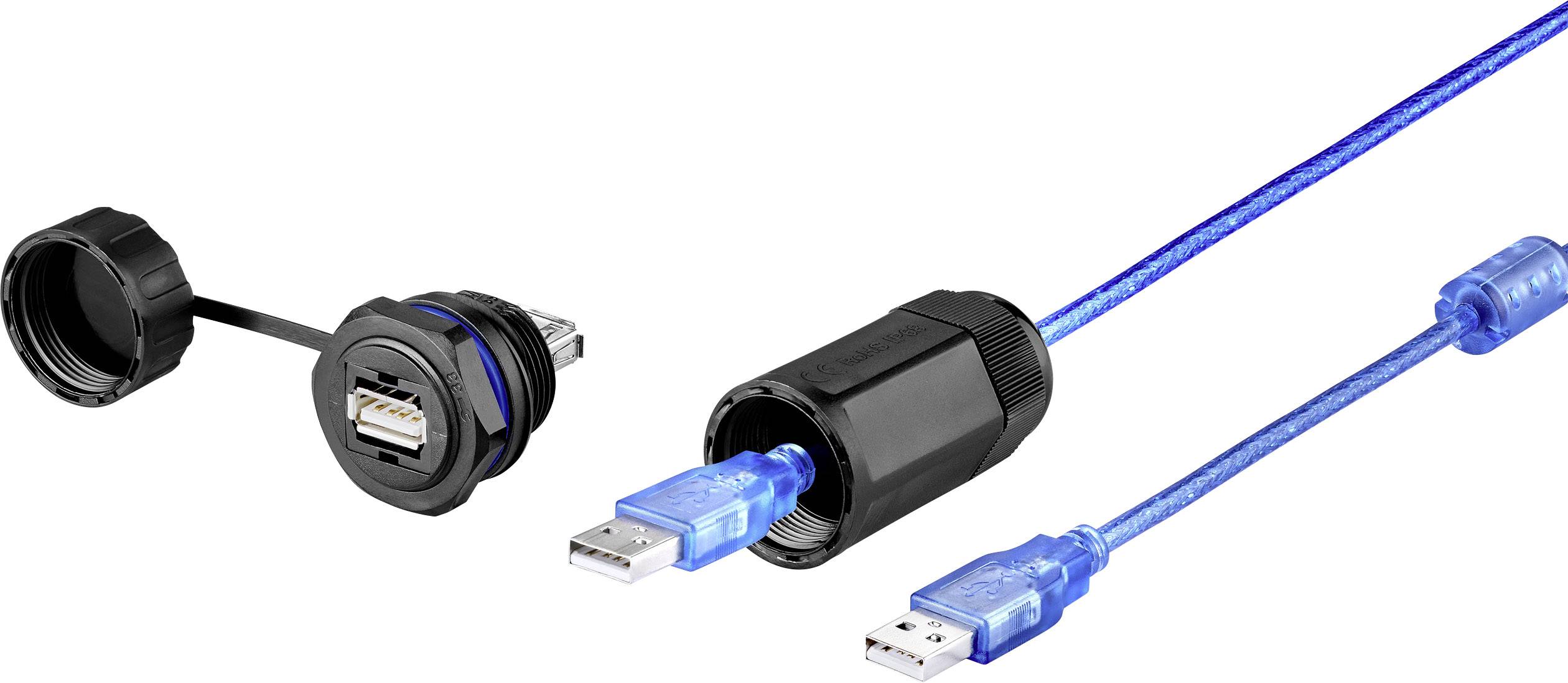 Modrý USB kabel s průhlednou koncovkou, připojený k černému adaptérovému konektoru s ochrannou krytkou.