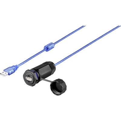 Modré USB kabel s USB zástrčkou na jedné straně a vodotěsnou USB zásuvkou s odnímatelným krytem na straně druhé.