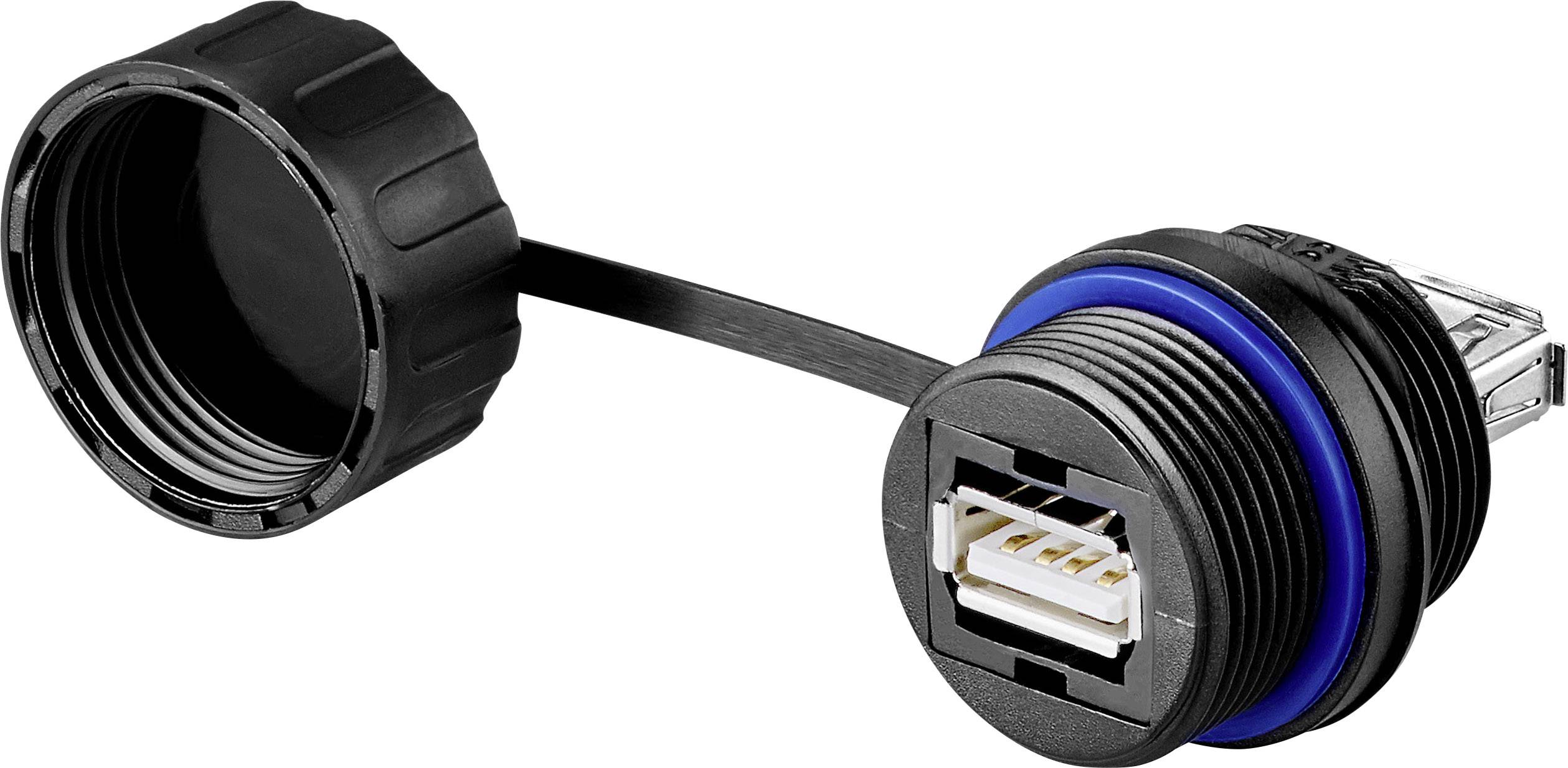 Černá USB zásuvka s odnímatelným ochranným krytem, vhodná pro vestavbu do panelů nebo zařízení.