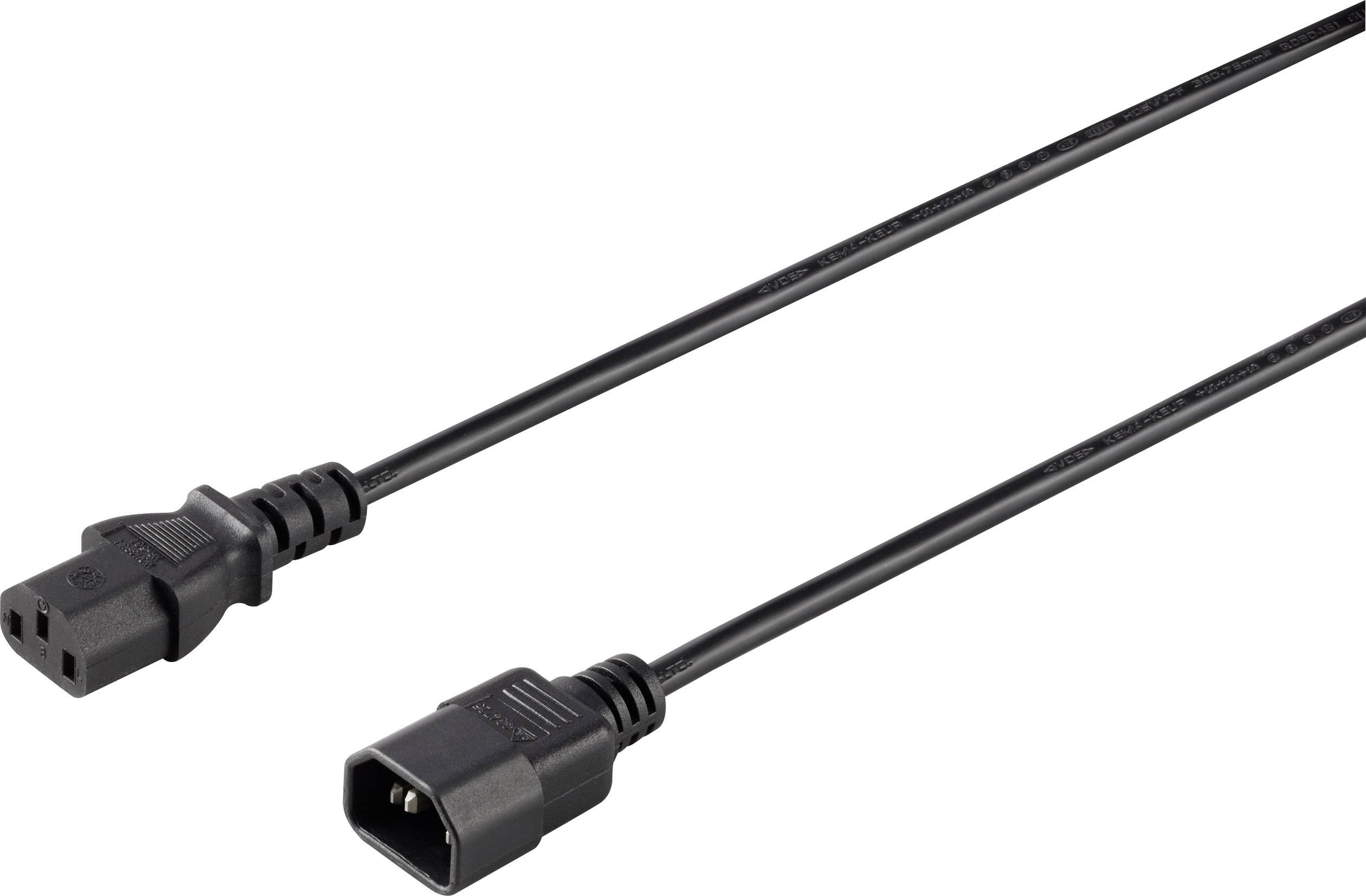Černý síťový kabel s jedním samčím a jedním samičím konektorem, vhodný pro připojení elektronických zařízení.