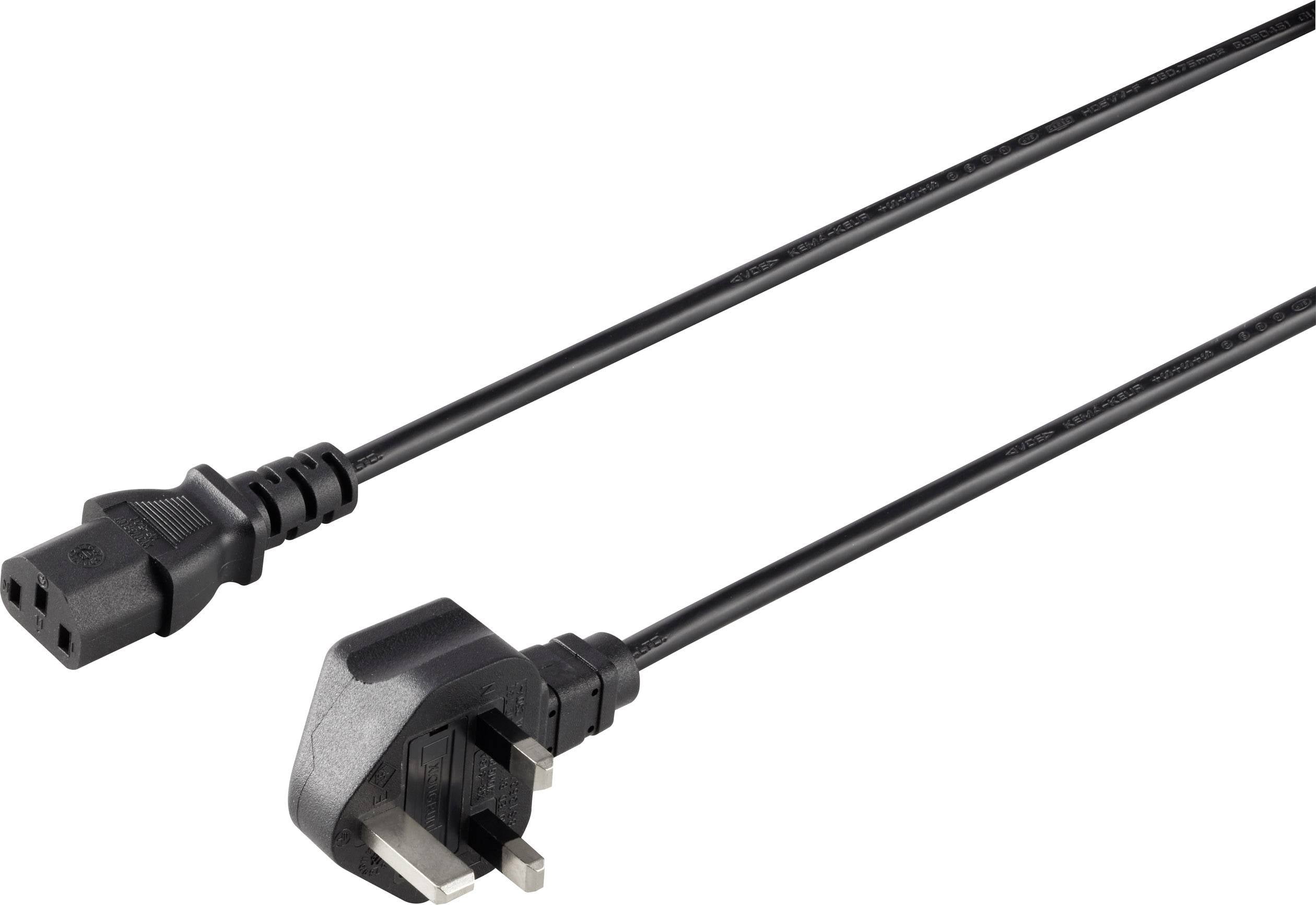 Černý síťový kabel s třípólovým konektorem a standardizovanou zásuvkou, vhodný pro počítače a elektronická zařízení.