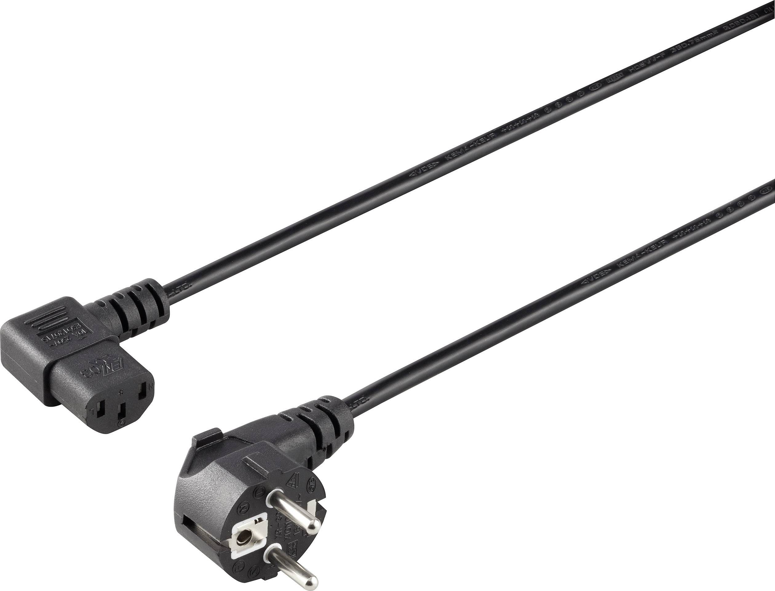 Černý síťový kabel s přívodní vidlicí Schuko vlevo a trojpólovým zásuvkovým konektorem vpravo, vhodný pro počítačová zařízení.