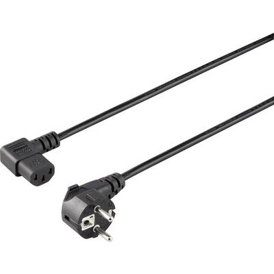 Černý síťový kabel s přívodní vidlicí Schuko vlevo a trojpólovým zásuvkovým konektorem vpravo, vhodný pro počítačová zařízení.