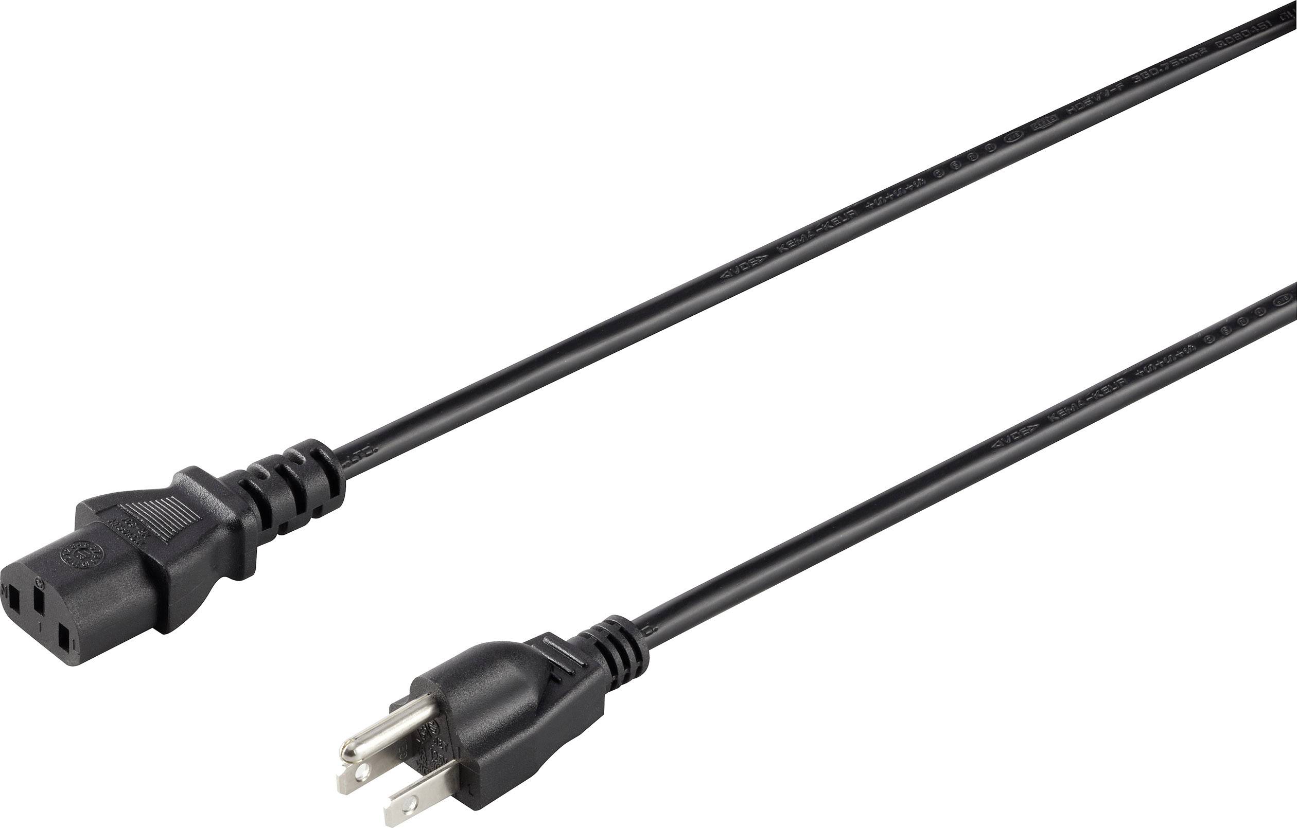 Černý síťový kabel s trojpólovým zástrčkou a zásuvkou, vhodný pro napájení elektronických zařízení.
