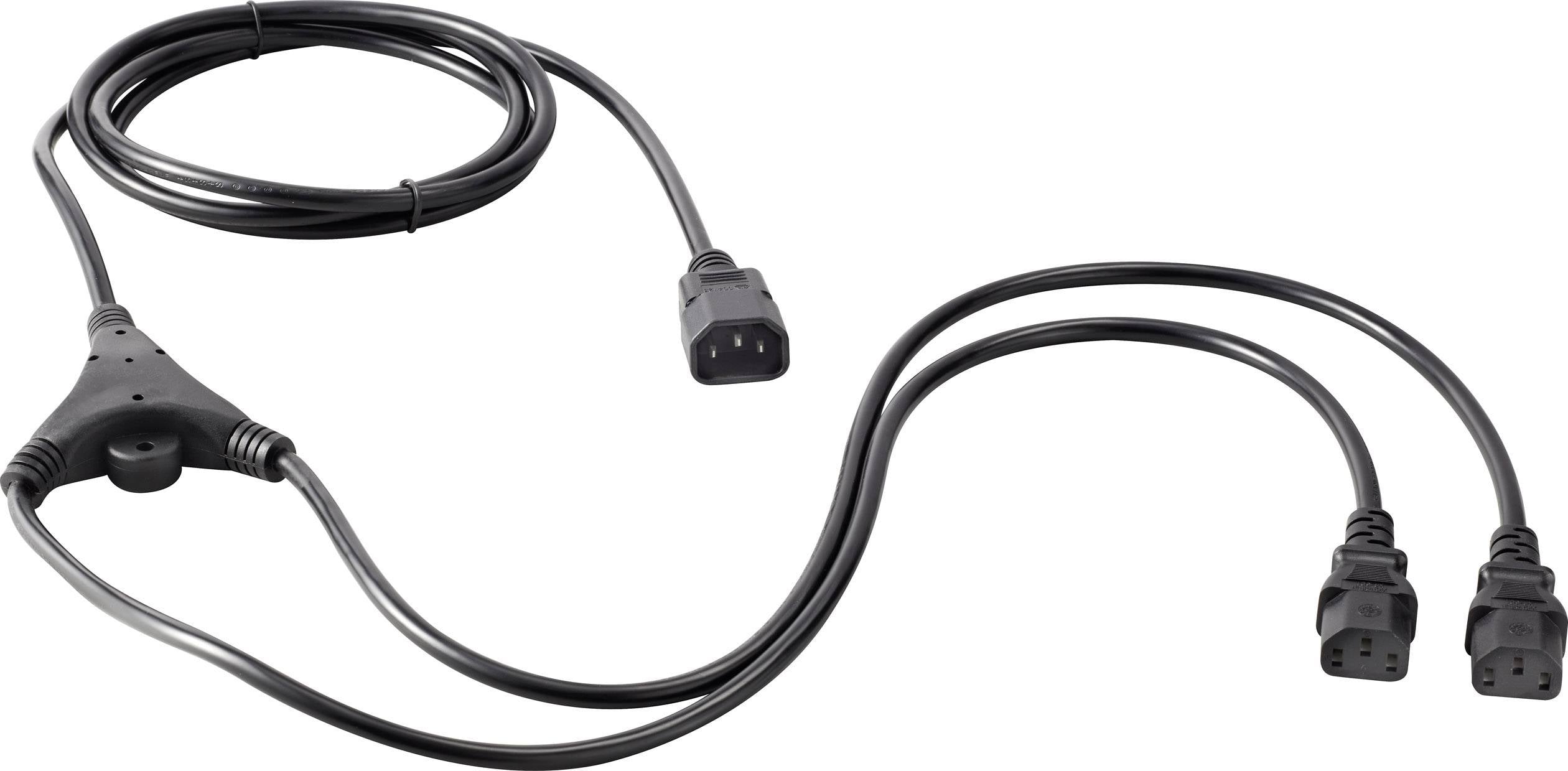 Černý síťový kabel s Y-konektorem se rozdvojuje do dvou samostatných zástrček. Vhodný pro napájení několika zařízení.