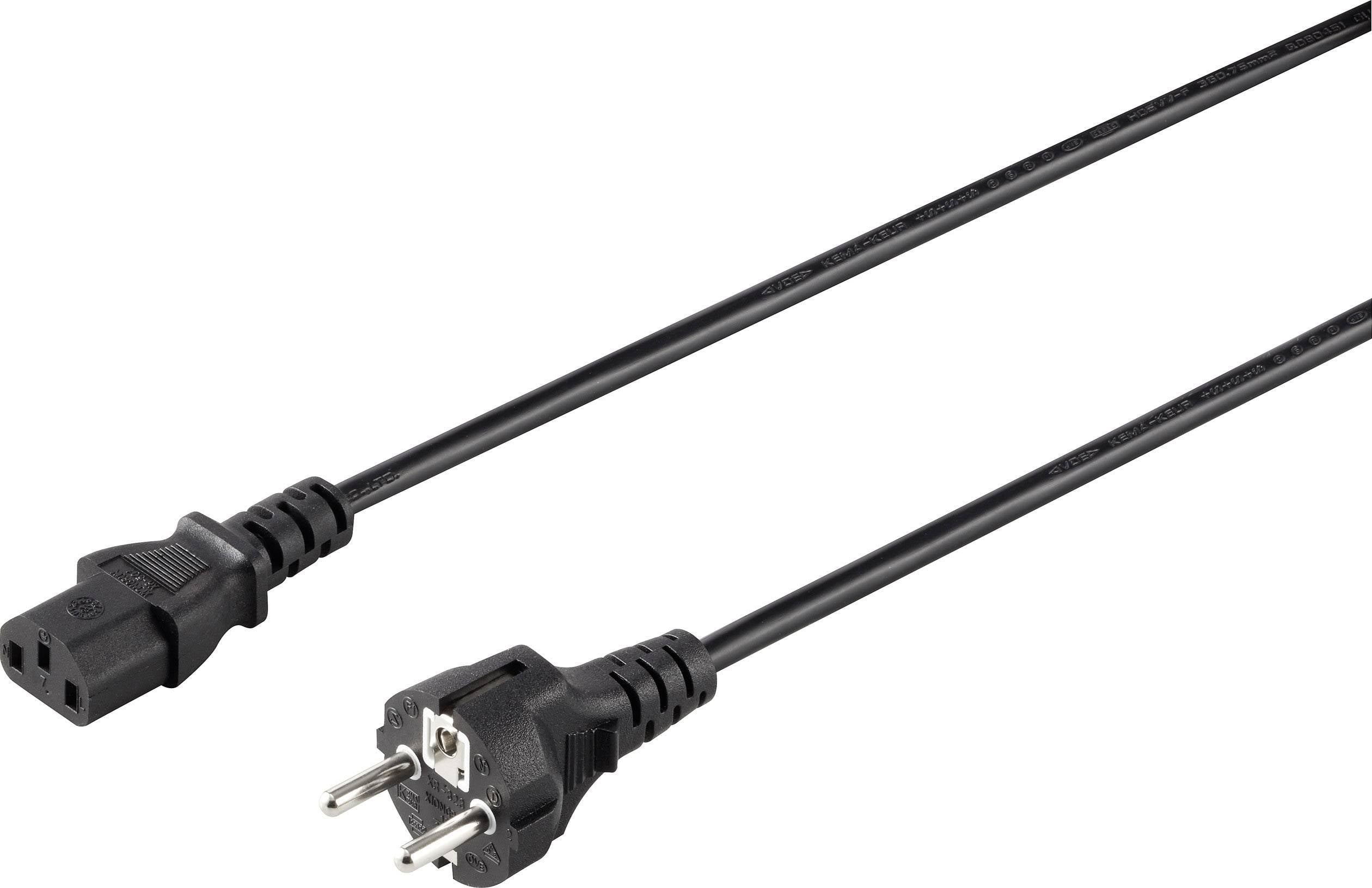 Černý síťový kabel se Schuko zástrčkou vlevo a C13 zástrčkou vpravo, vhodný pro počítače a elektronická zařízení.