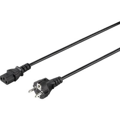 Černý síťový kabel se Schuko zástrčkou vlevo a C13 zástrčkou vpravo, vhodný pro počítače a elektronická zařízení.