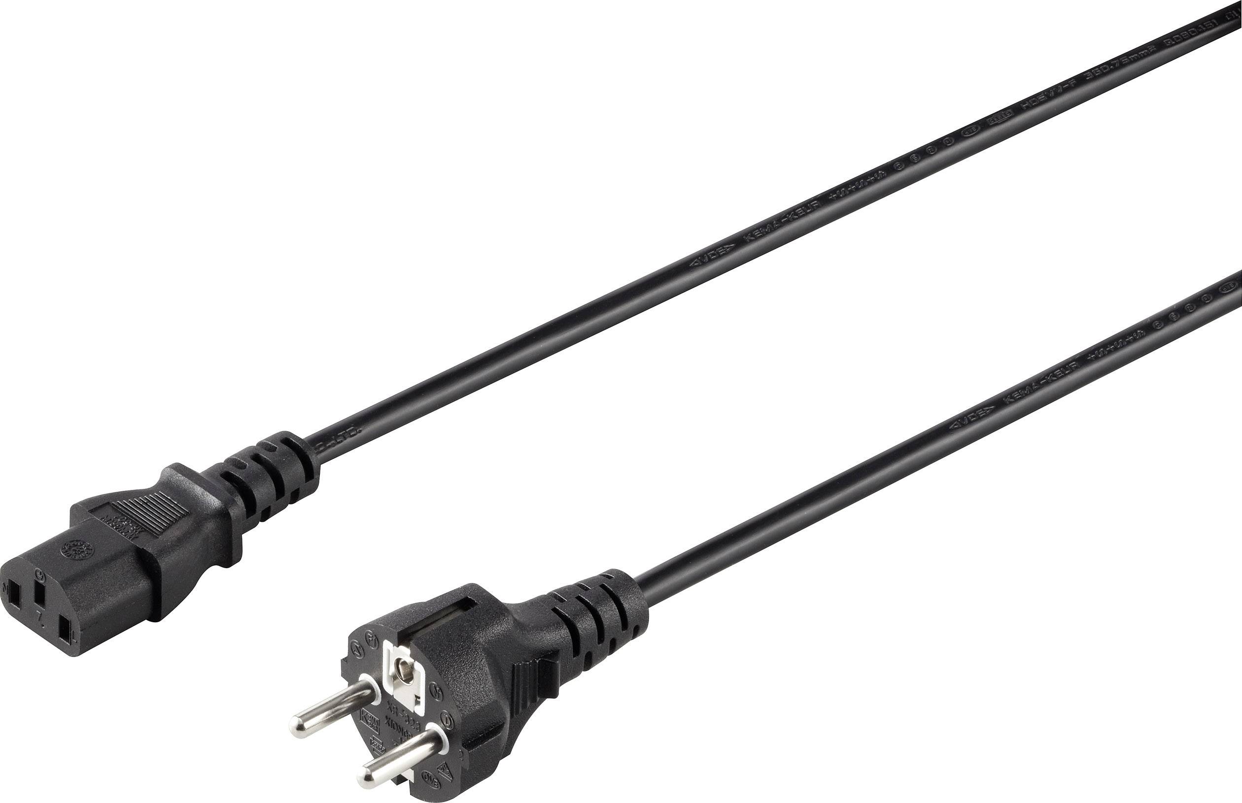 Černý síťový kabel s dvoupólovým eurokonektorem vlevo a třípólovým studenovým konektorem vpravo. Vhodný pro domácí spotřebiče.