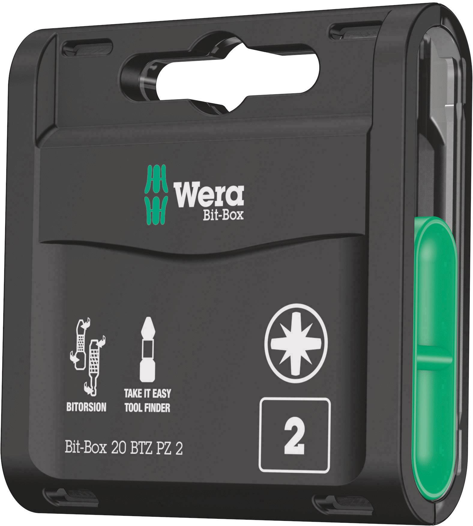 Černá krabice na bity od firmy Wera s zeleným detailem, potištěná ilustracemi použití bitů. Model 'Bit-Box 20 BTZ PZ 2'.