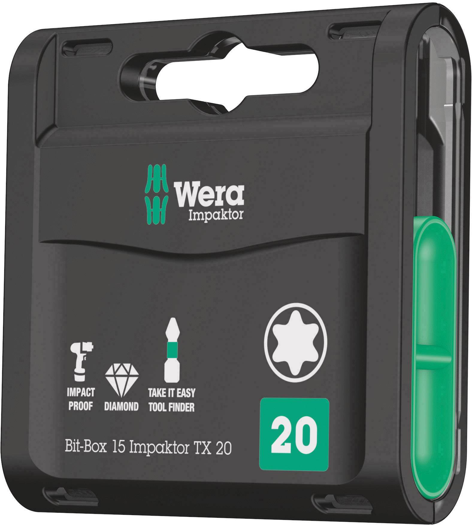 Černý box na nářadí od firmy Wera se zeleným akcentem, s nápisem 'Bit-Box 15 Impaktor TX 20', symboly odolnosti proti nárazům a diamantového povrchu.