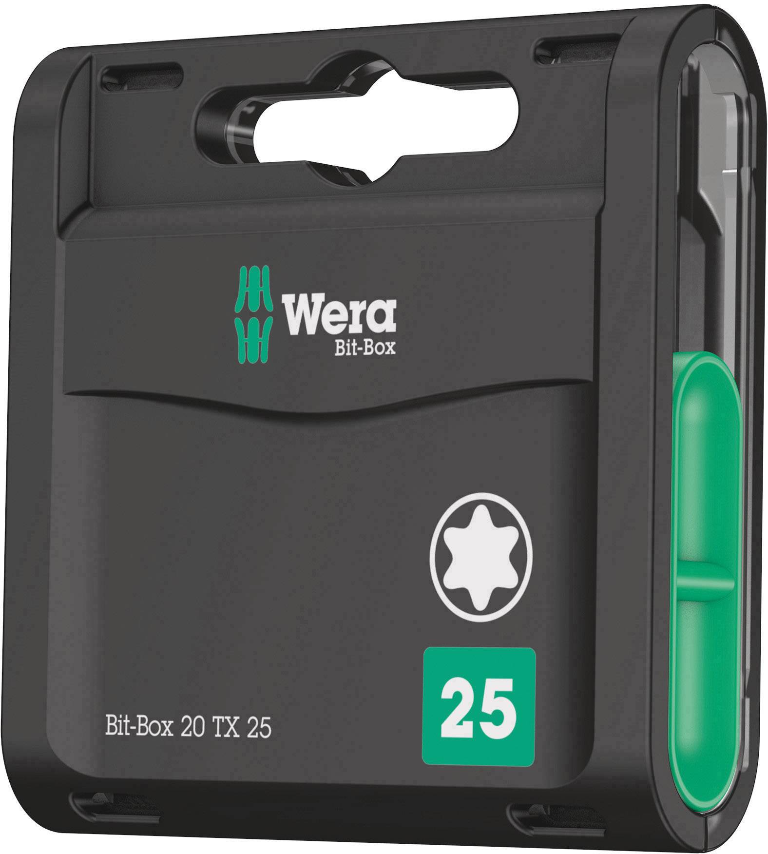 Černý kryt se zeleným akcentem obsahující 'Wera Bit-Box 20 TX 25'. Vykazuje hvězdicovitou symboliku.