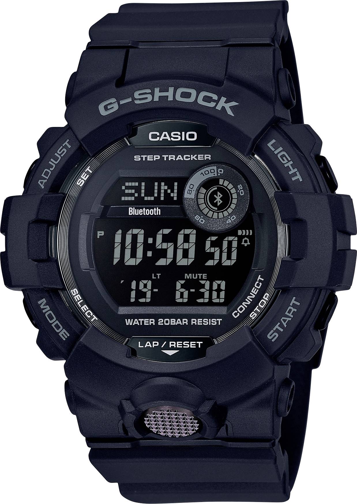 Digitální náramkové hodinky s černým pouzdrem. Zobrazují čas, datum a stav Bluetooth. Robustní design vhodný pro sport.