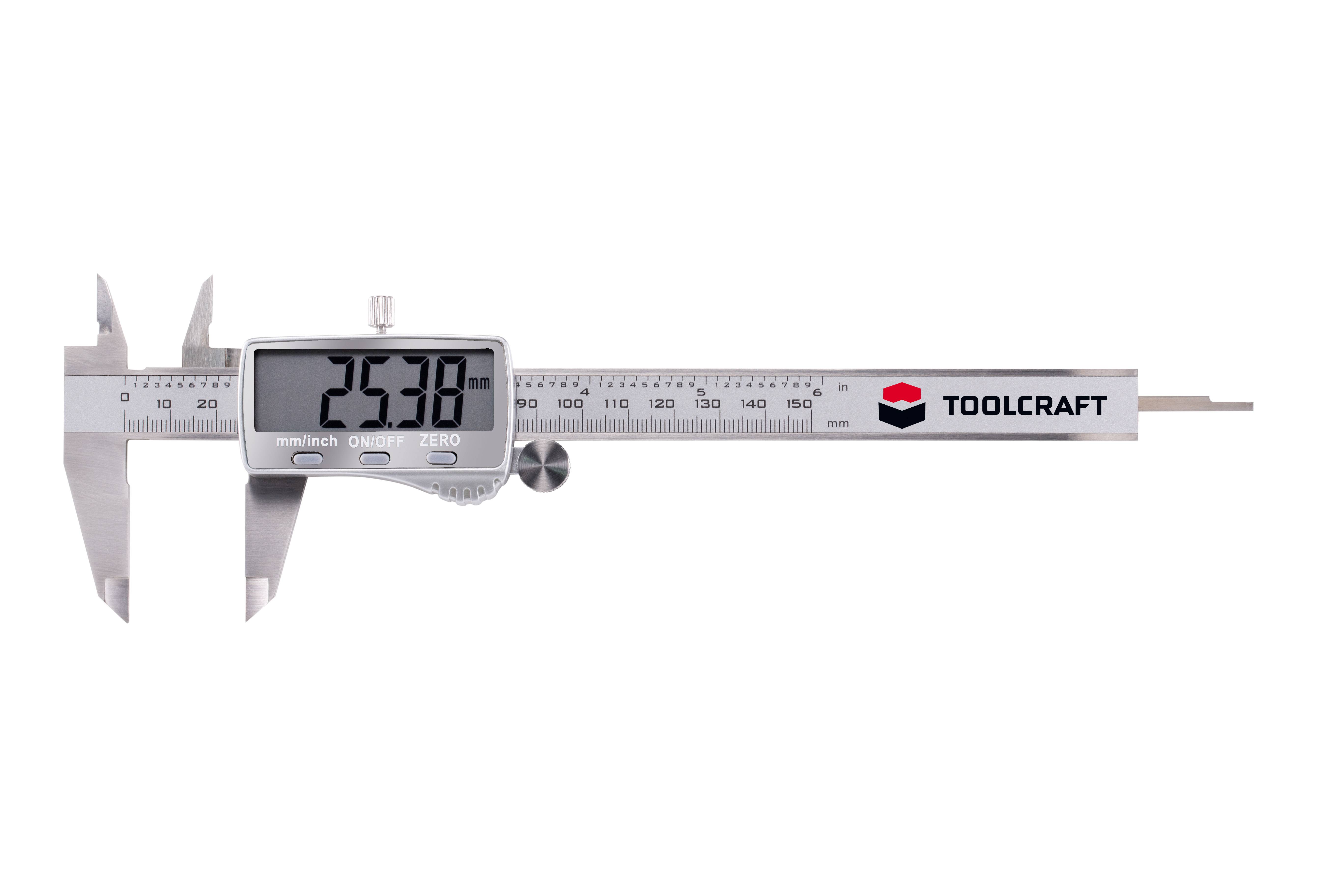 Digitální posuvné měřítko ukazuje délku 25,38 mm na displeji LCD.