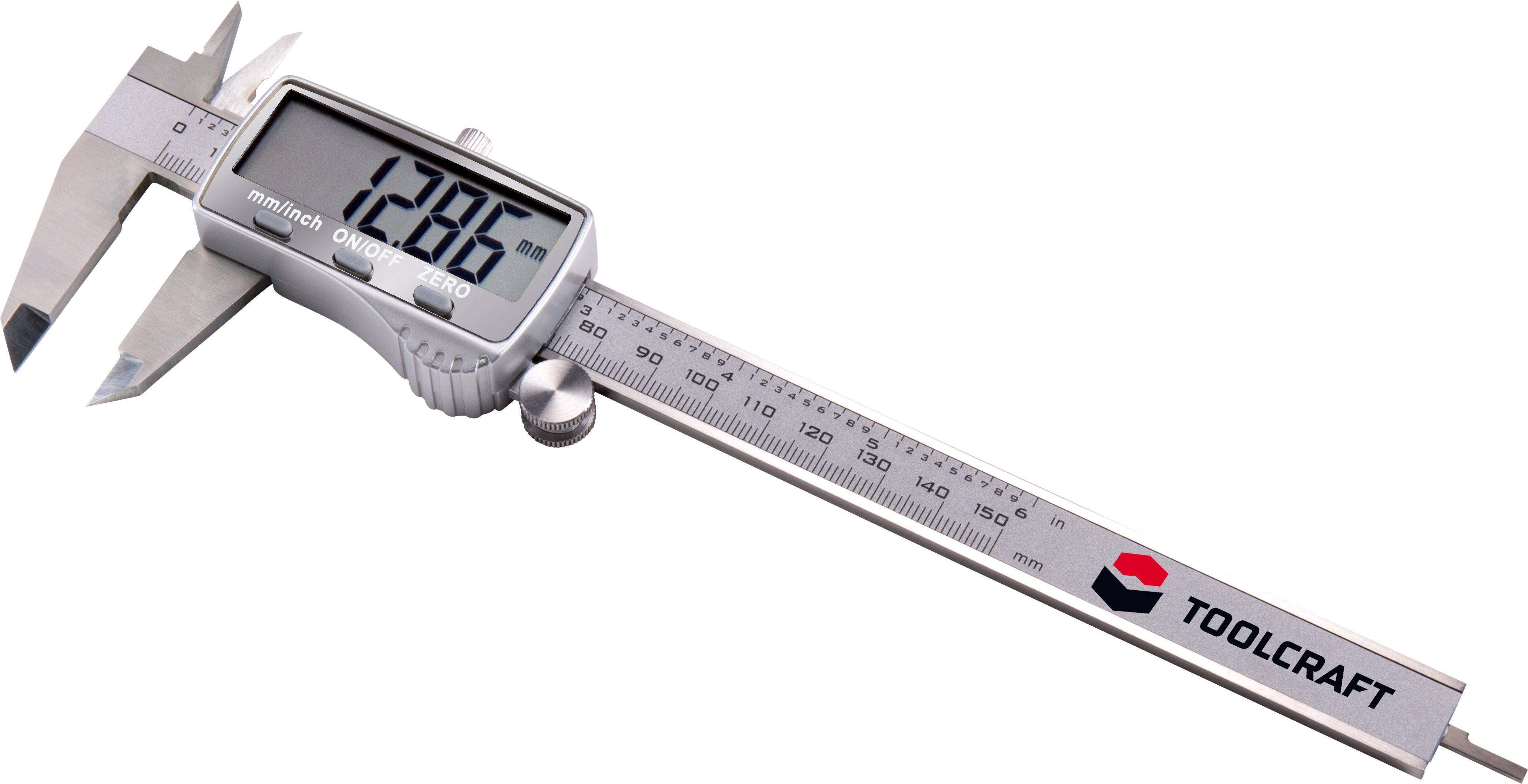 Digitální posuvné měřítko od Toolcraft, na displeji ukazuje 12,86 mm. Vhodné pro přesná měření délky.