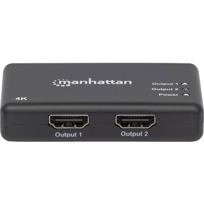 Černý Manhattan 4K HDMI-splitter se dvěma HDMI výstupy 'Výstup 1' a 'Výstup 2' a LED indikátory pro výstupy a napájení.
