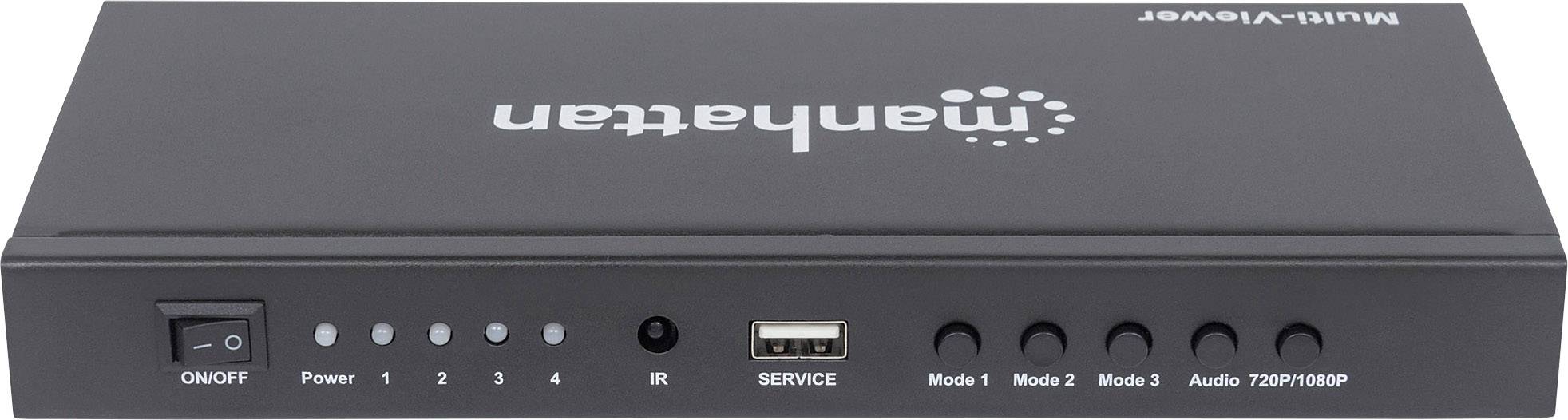 Černý multiviewer od Manhattanu se šesti tlačítky a USB portem na přední straně. Přepínač a LED indikátory jsou umístěny vlevo.