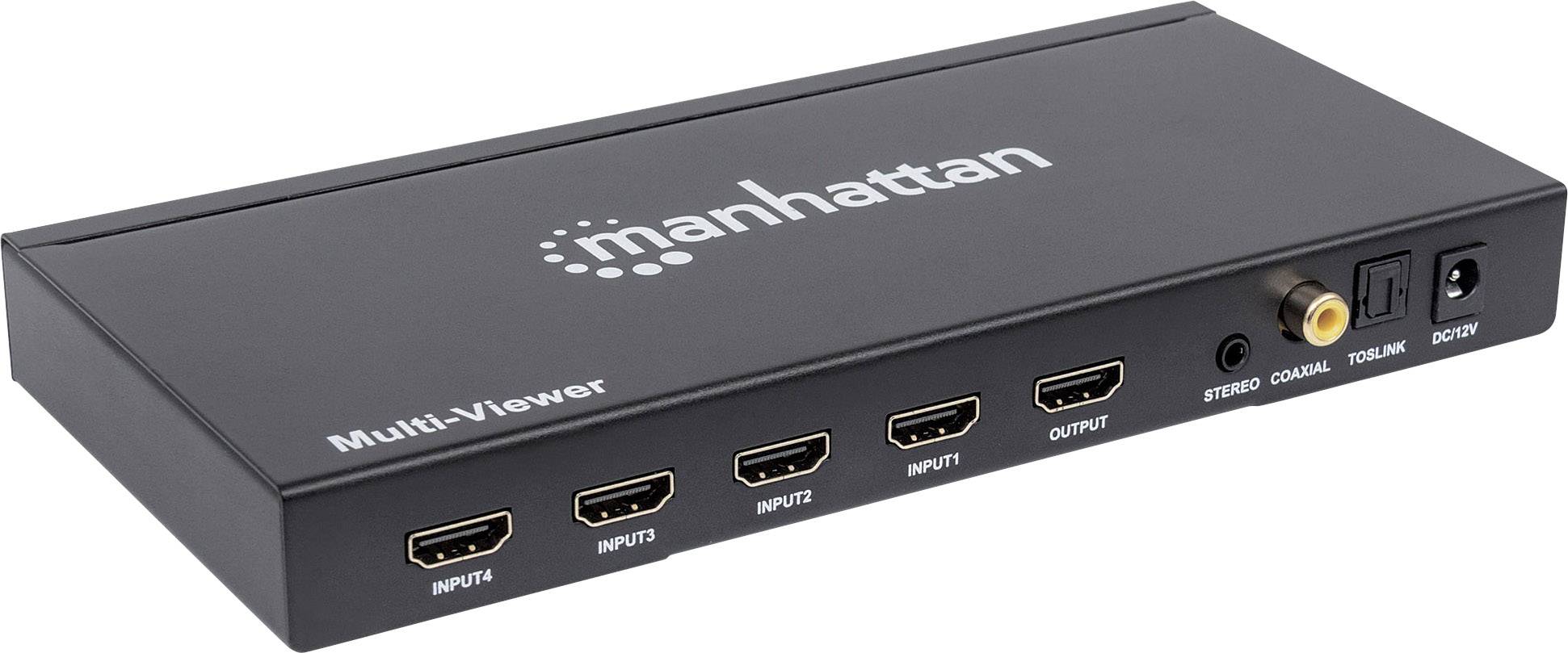 Černý HDMI multi-viewer od Manhattanu se čtyřmi vstupy a jedním výstupem. Označený štítky 'INPUT1' až 'INPUT4', 'OUTPUT'.