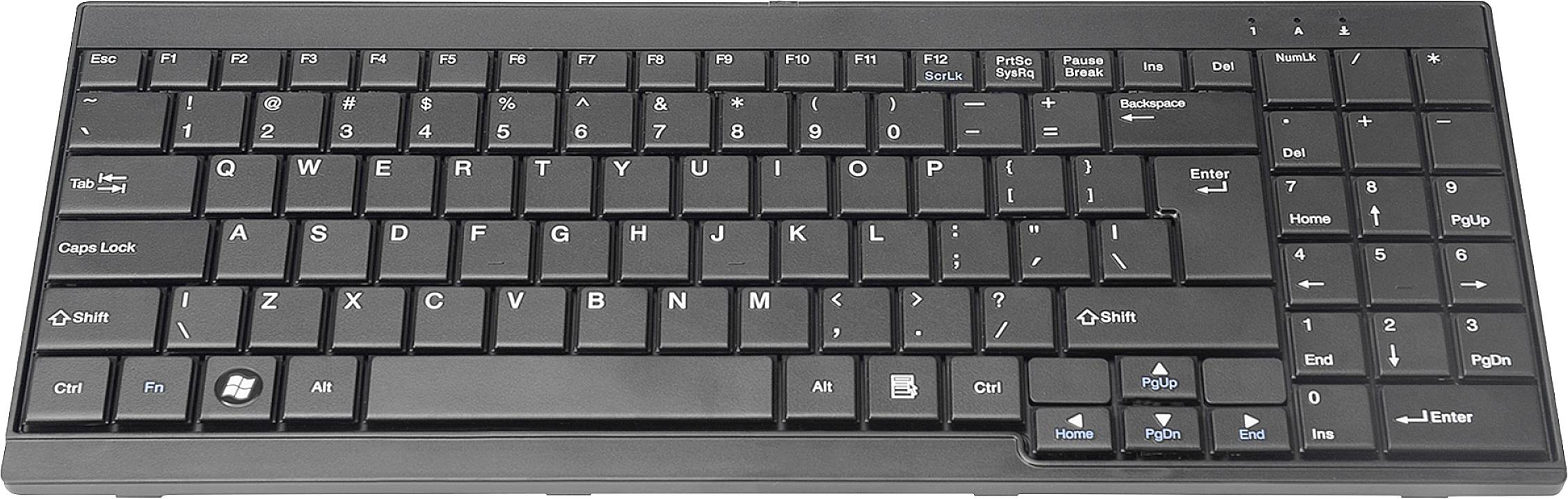 Černá klávesnice QWERTZ s německým rozložením, včetně numerické klávesnice a funkčních kláves.