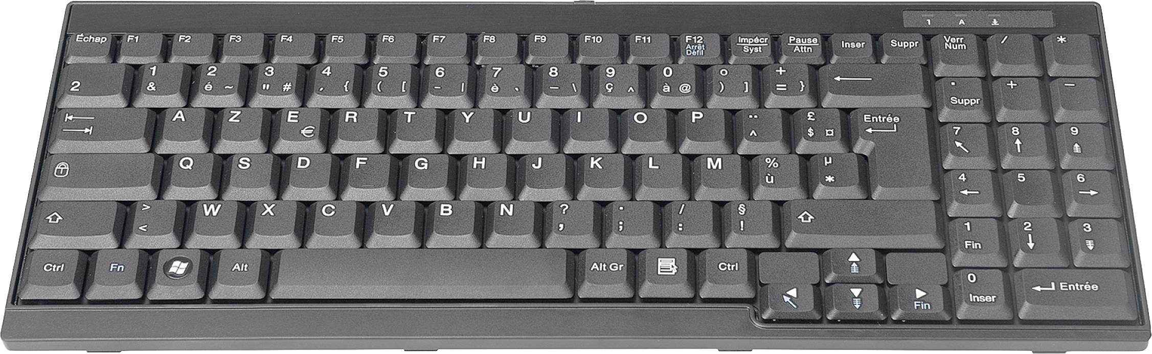 Černá QWERTY klávesnice s numerickou klávesnicí, zobrazující rozvržení kláves a speciální klávesy.