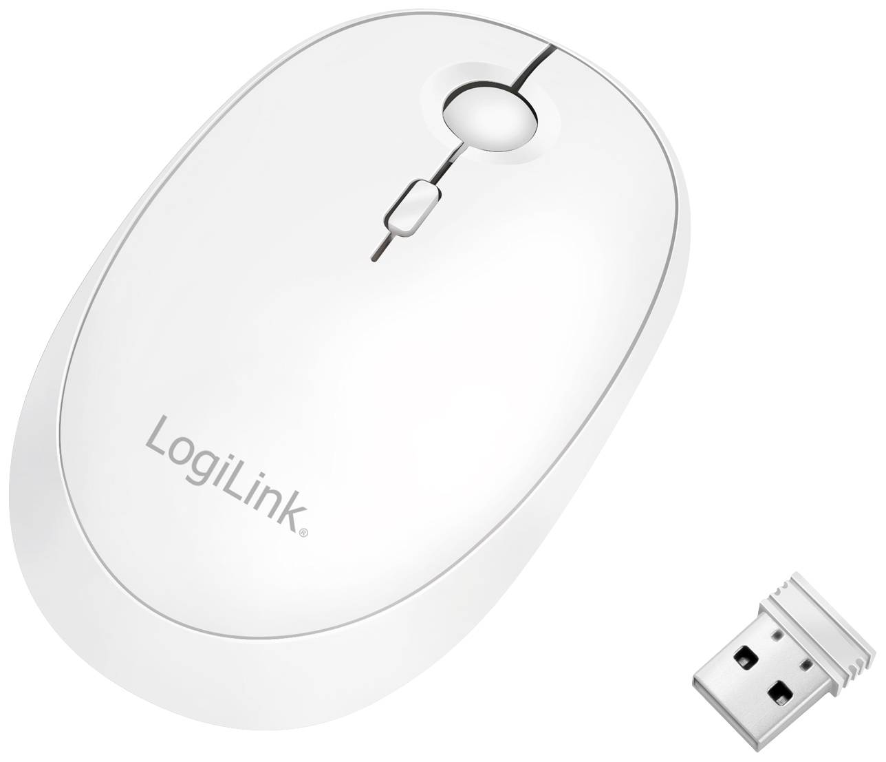 Bílá bezdrátová myš s kolečkem a USB přijímačem, značka 'LogiLink'.