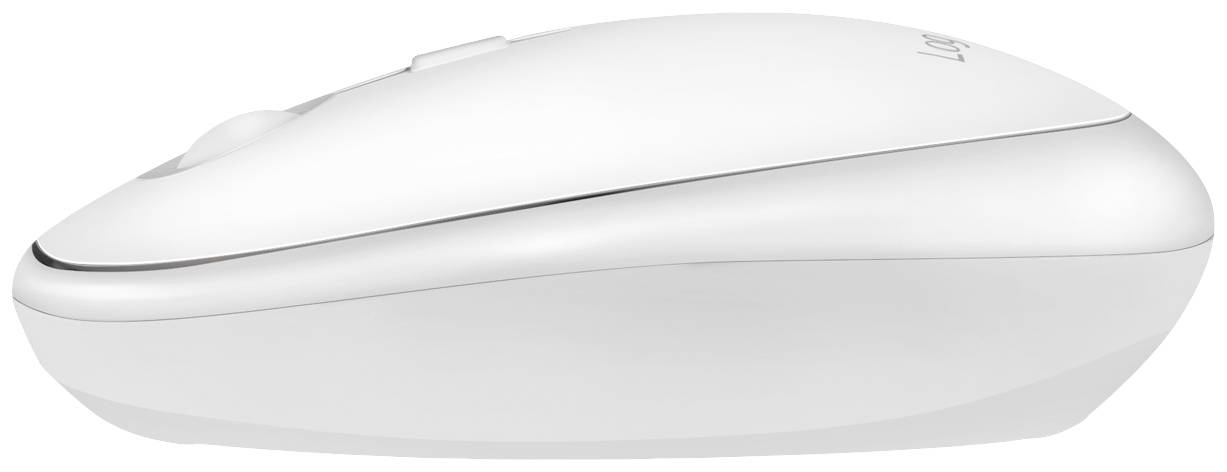 Bílá bezdrátová počítačová myš z boku, štíhlý design, minimalistický.