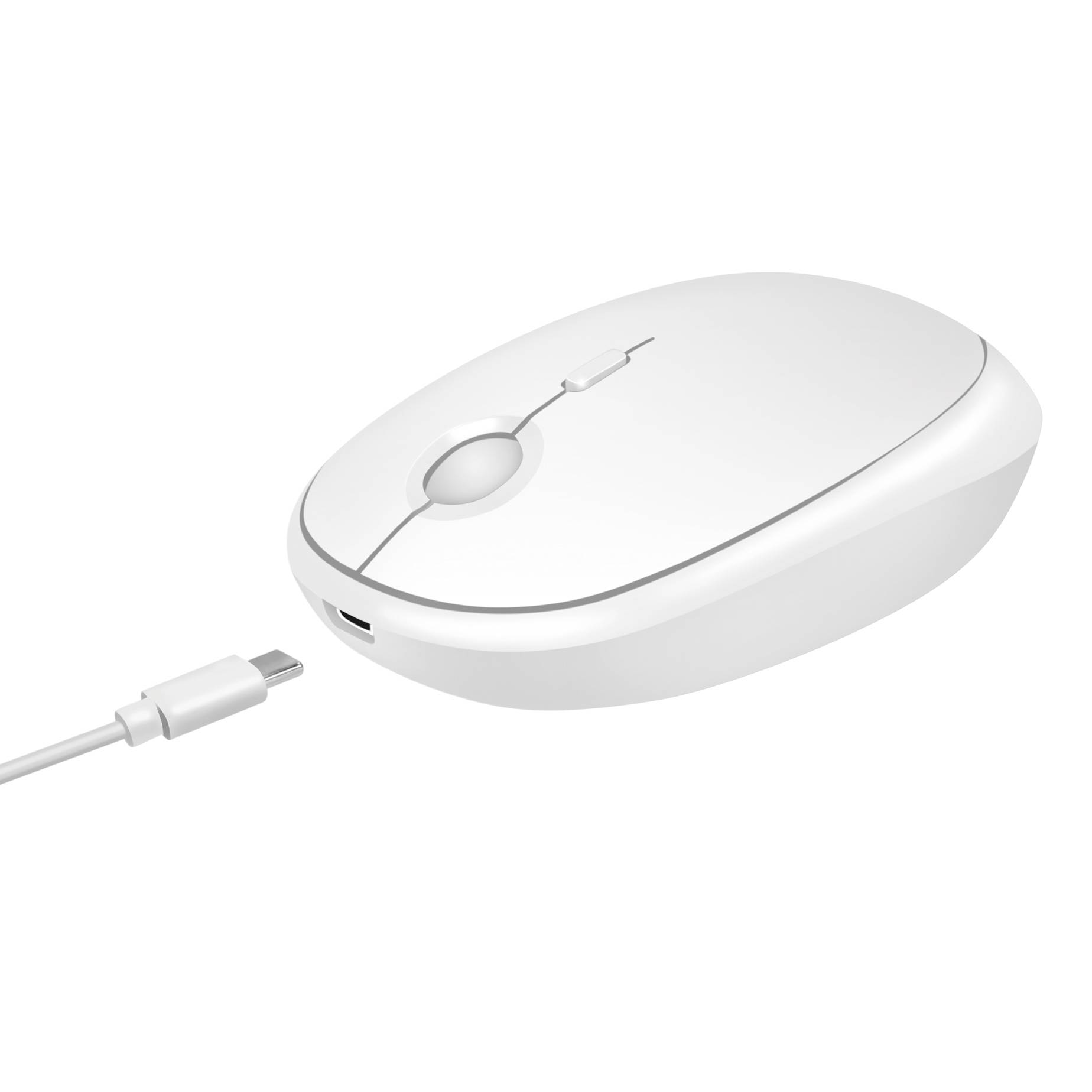 Bílá bezdrátová počítačová myš s nabíjecím kabelem USB-C. Ukazuje moderní design s ergonomickým tvarem, vhodná pro leváky i praváky.