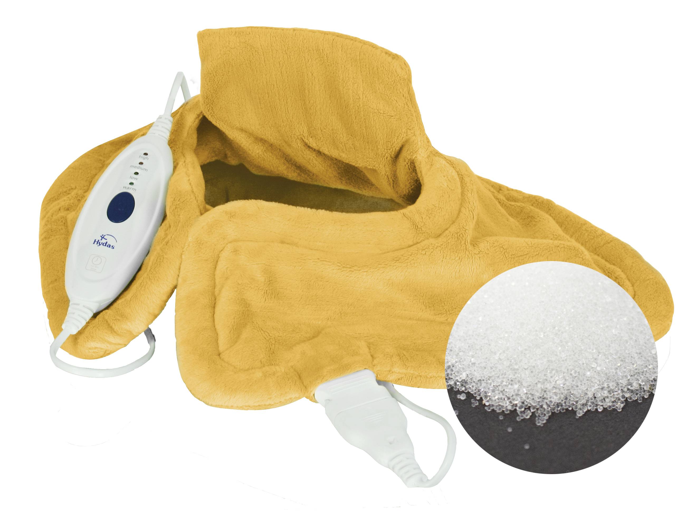 Béžový elektrický vyhřívací polštář s ovládací jednotkou. Vpravo dole je kruh s detailním pohledem na bílé kuličky, pravděpodobně výplňový materiál.