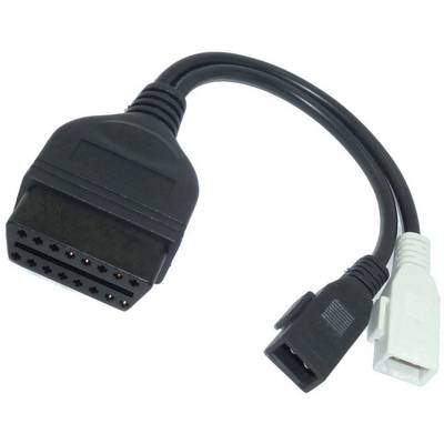 Černý SCART adaptérový kabel s jedním širokým, obdélníkovým koncem a dvěma připojenými menšími konektory.