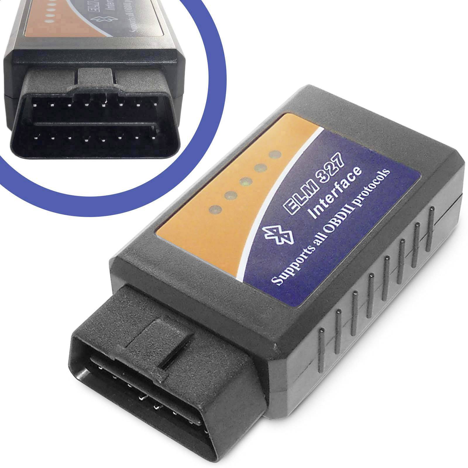 Diagnostická OBD2 jednotka s nápisem 'ELM327 rozhraní'. Podporuje všechny OBD-II protokoly. Vlevo nahoře detail konektoru.