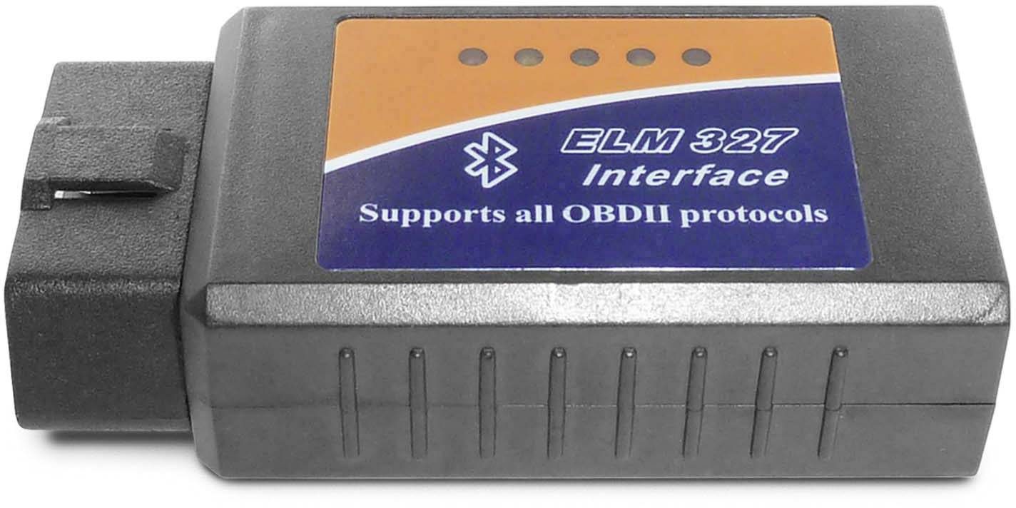 Diagnostické zařízení OBD-II s nápisem 'ELM 327 Interface', podporující všechny OBD-II protokoly, s Bluetooth připojením.