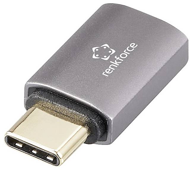 Adaptér USB-C značky 'renkforce' ve stříbrné barvě, zobrazující stranu USB-C konektoru.