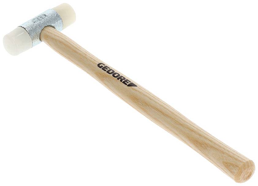 Dřevěné kladivo s koženou rukojetí a světlou plastovou úderovou plochou. Rukojeť je označena nápisem 'GEDORE'.