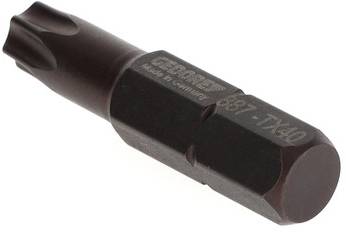 Hnědý šroubovací bit z kovu s označením 'E-Torx T40' a 'Made in Germany' na povrchu.