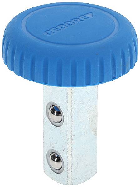 Kovová tyč s modrým plastovým držadlem a dvěma bočními šroubovacími otvory. Mohlo by se jednat o příslušenství k nářadí.