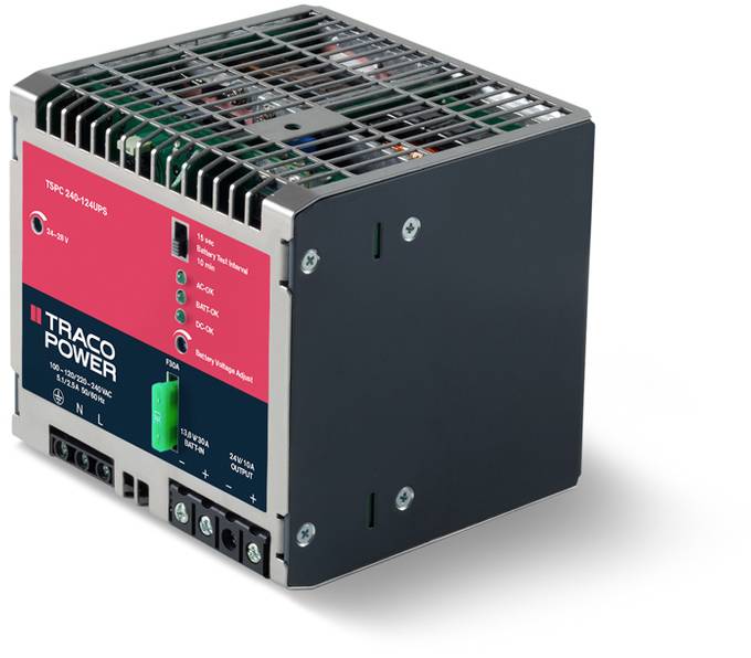 Průmyslový napájecí zdroj od společnosti Traco Power, model TPC 300-124UPS, na bílém pozadí, s viditelnou připojovací a kontrolní lištou.