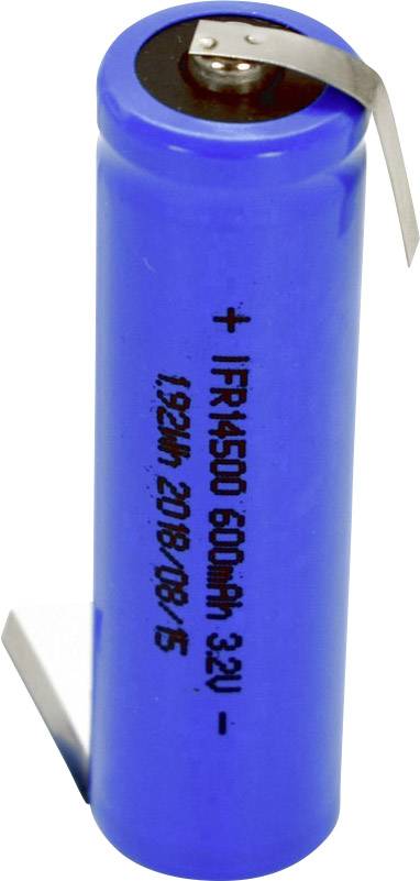Modrý válcový lithium-iontový akumulátor s vyznačenou kapacitou 600 mAh a napětím 3,2 V, používaný v elektronických zařízeních.