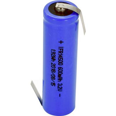 Modrý válcový lithium-iontový akumulátor s vyznačenou kapacitou 600 mAh a napětím 3,2 V, používaný v elektronických zařízeních.