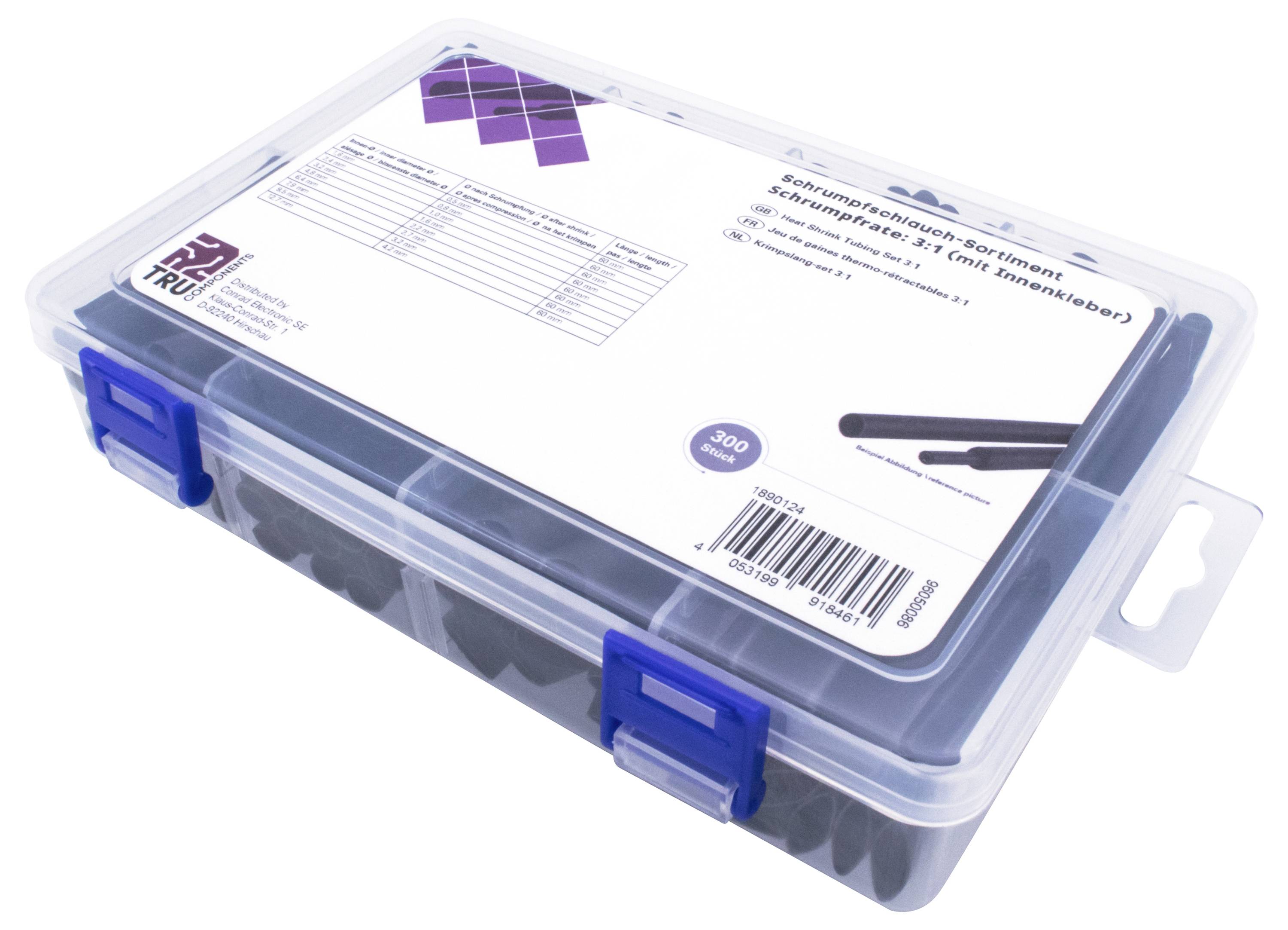 Transparentní plastový box s modrým uzávěrem, obsahující kabelové pásky. Štítek nahoře zobrazuje informace o produktu a tabulky.