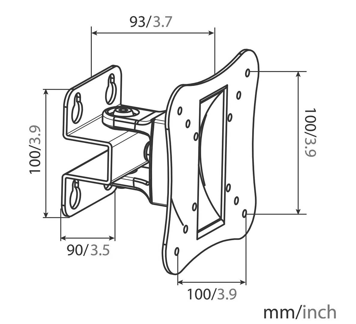 'Technický výkres nastavitelného držáku monitoru s rozměry: 100x100 mm, šířka 93 mm, hloubka 90 mm.'
