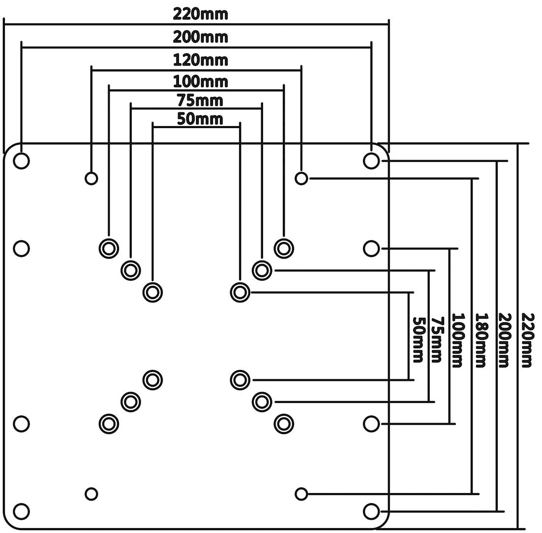 Diagram desky s roztečemi otvorů v milimetrech. Rozměry: 220, 120, 100, 75, 50 mm. Otvory jsou rovnoměrně rozmístěny.