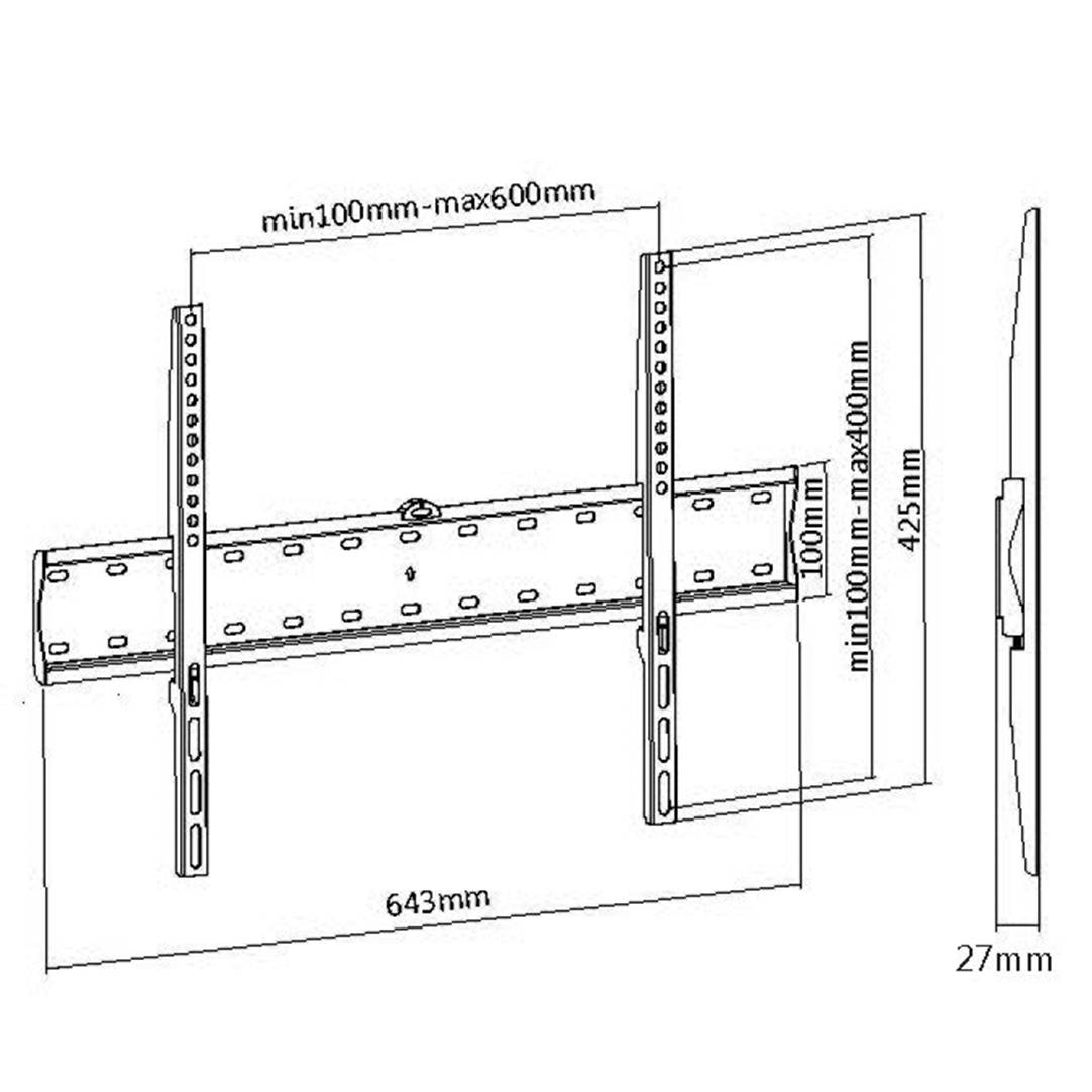 Technický výkres nástěnného držáku. Rozměry uvedeny: šířka 643 mm, výška 425 mm, vzdálenost od stěny 27 mm, variabilní rozmístění otvorů.