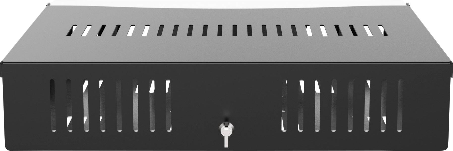 Černý větraný kovový box se zámkem na přední straně, určený k ochraně nebo uskladnění elektronických zařízení.