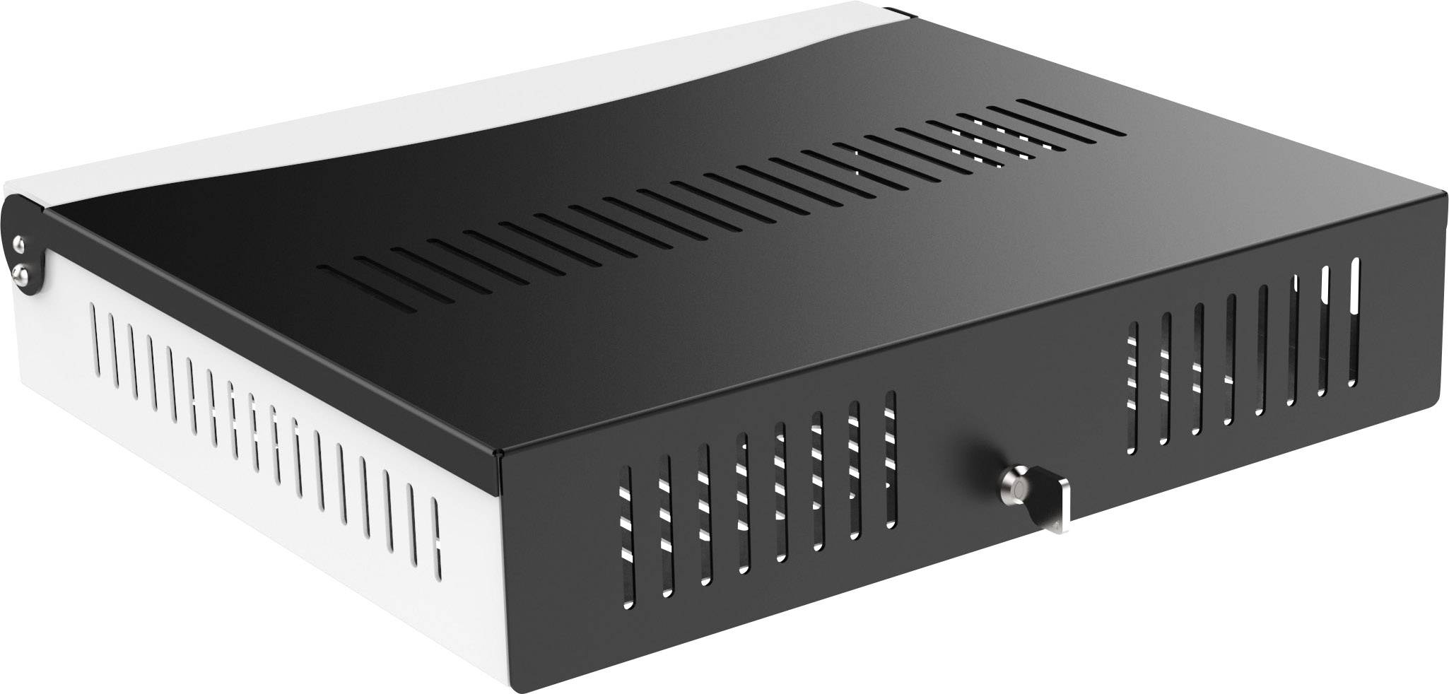 Černé a bílé elektronické zařízení v ploché, obdélníkové formě s větracími otvory a malým spínačem vpředu.