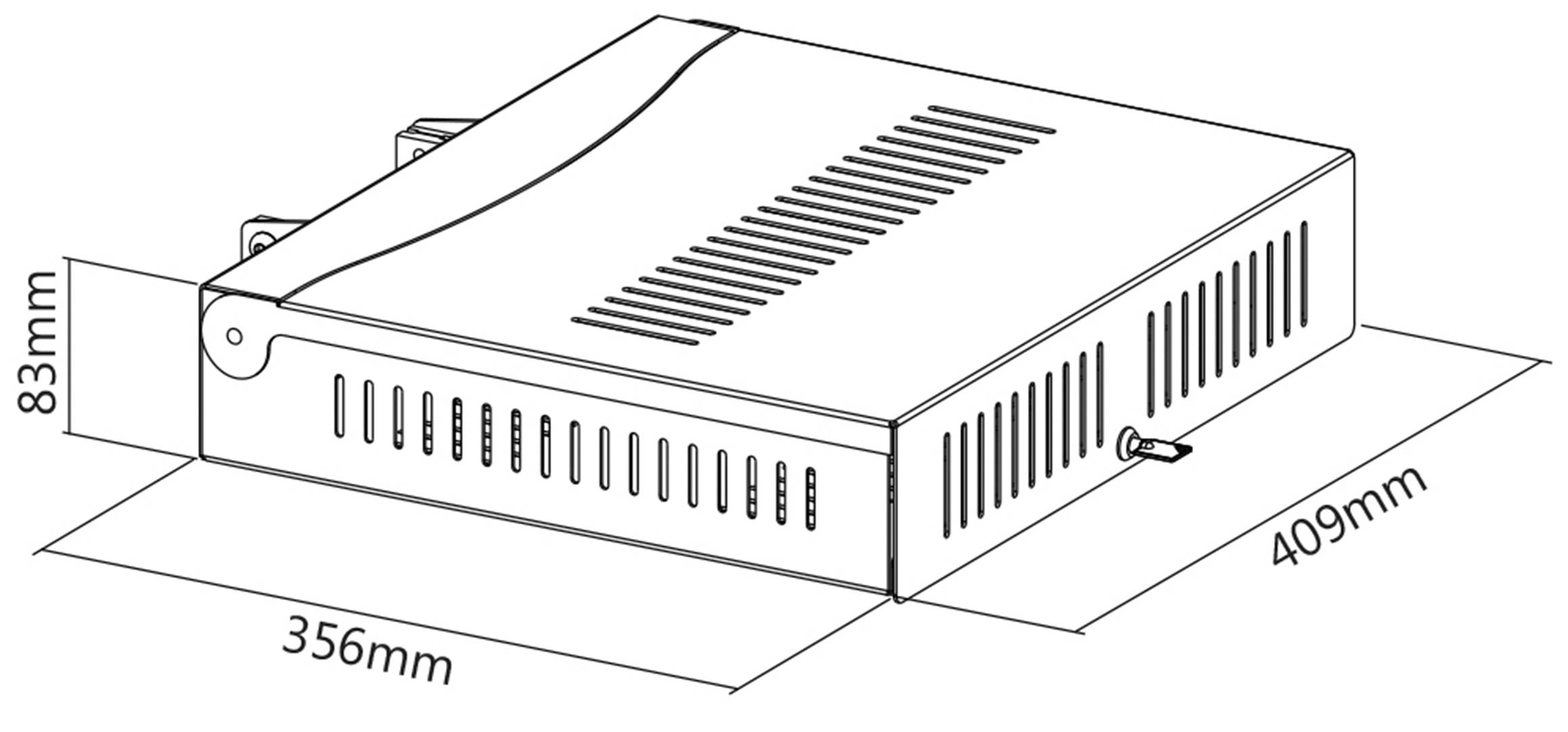 Technický výkres ploché obdélníkové jednotky s rozměry: 83 mm vysoká, 356 mm široká a 409 mm hluboká.
