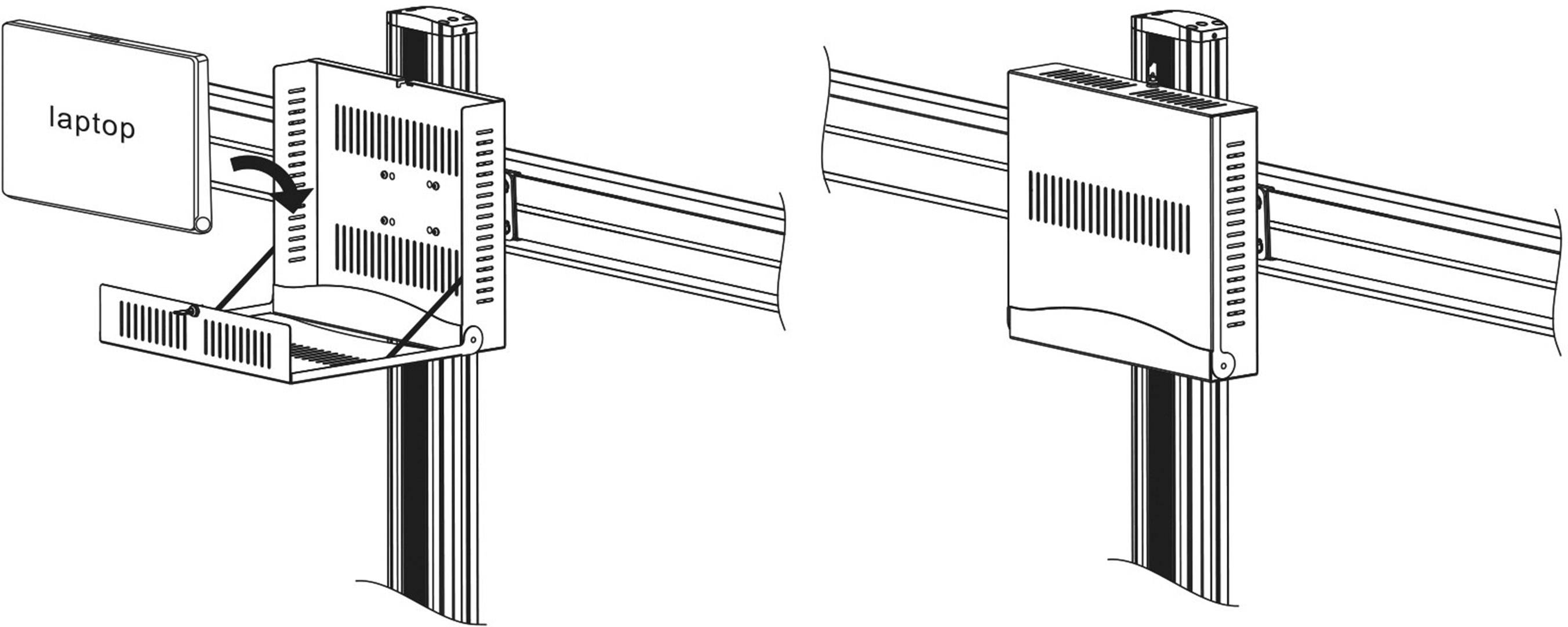 Obrázek nástěnného držáku na laptopy. Vlevo je laptop připojený, vpravo je držák zavřený bez laptopu.