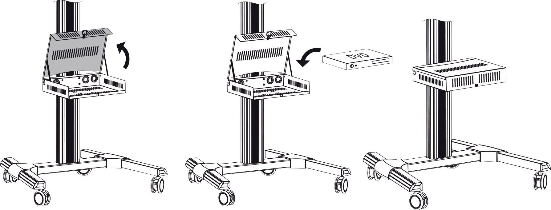 Třídílný diagram znázorňující postup upevnění zařízení na tyč, jeho otevření a vyjmutí modulu.
