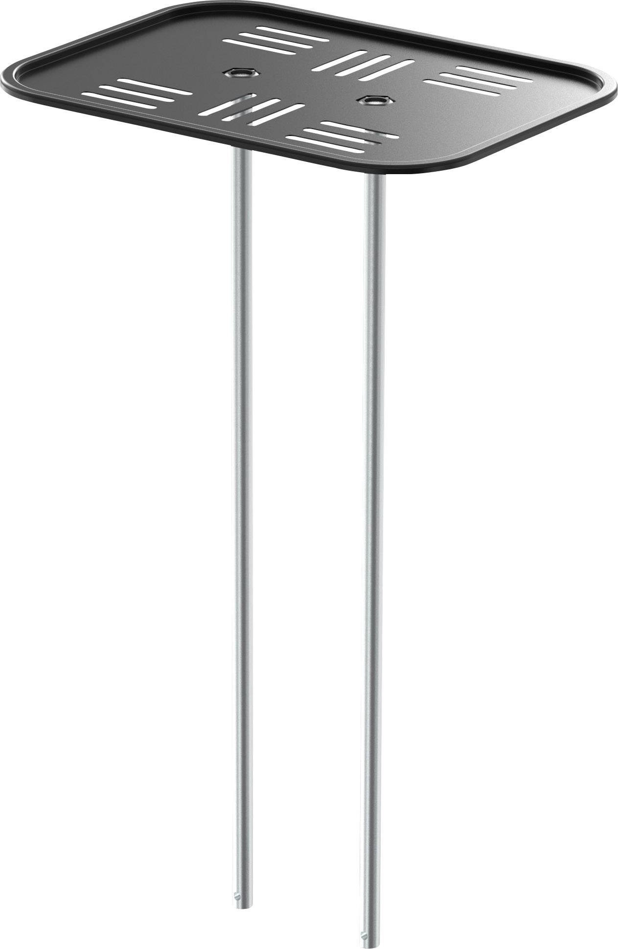 Černý grilovací rošt se dvěma dlouhýma stříbrnýma nohama, určený k zapíchnutí do země, vhodný pro venkovní grilování.