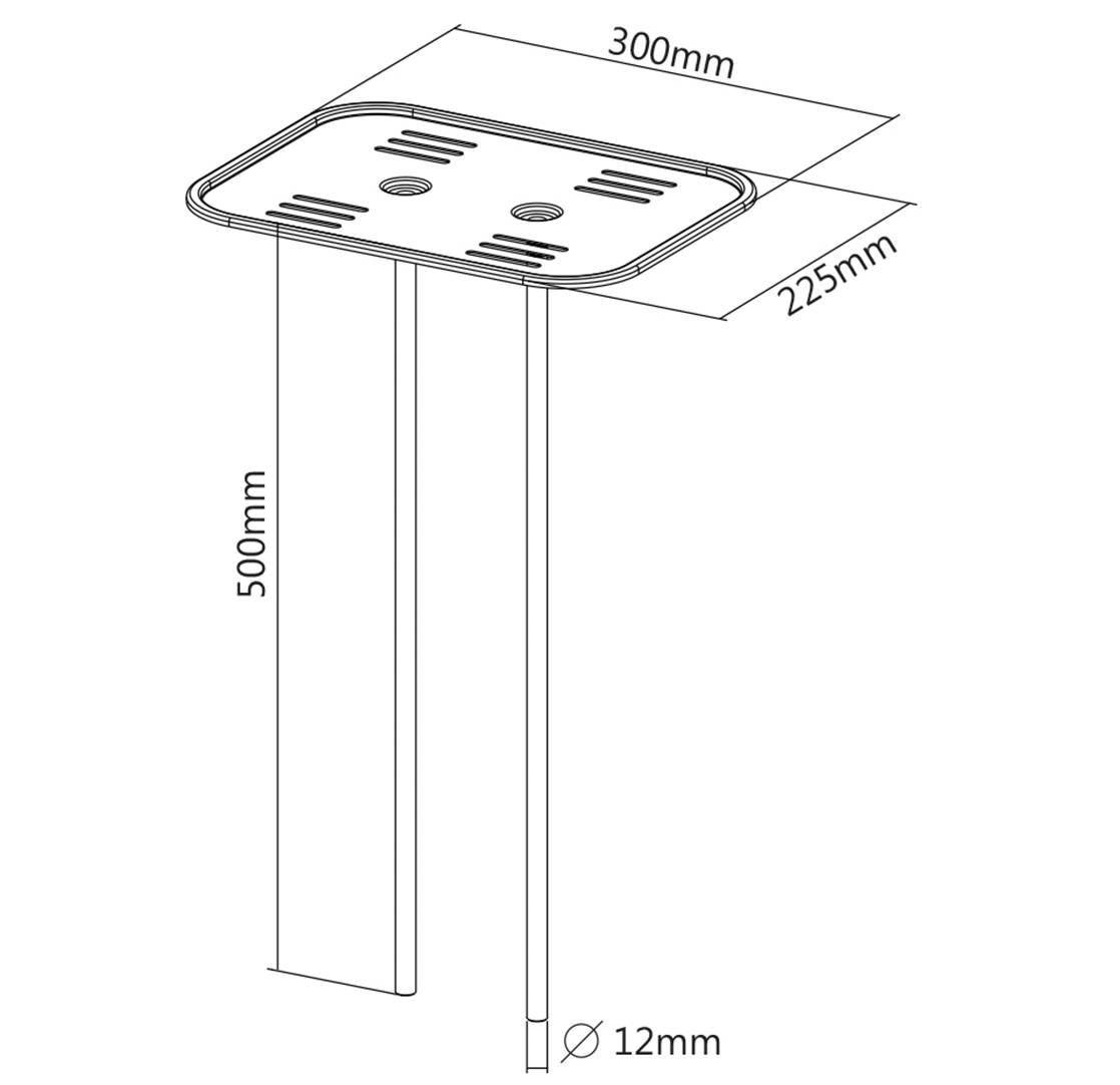 Technický výkres obdélníkového kovového dílu s rozměry: 300 mm šířka, 225 mm hloubka, 500 mm výška. Průměr tyče: 12 mm.